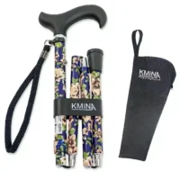Foldable walking stick with blue floral pattern, ergonomic handle and carrying case