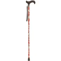 Walking stick with floral red pattern in fully extended position