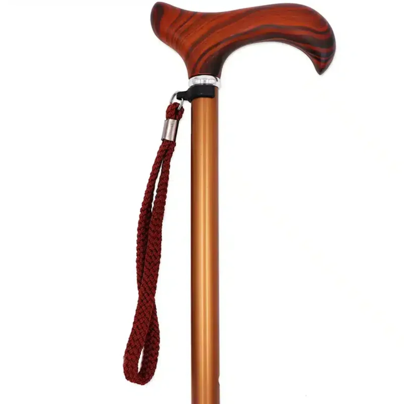 Elegant trähandtag och praktisk handledsrem Sida av justerbar käpp med trähandtag och handledsrem