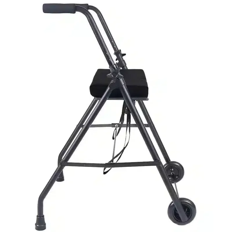 Rullator med 2 hjul och viskoelastiskt säte Rullator med 2 hjul i svart färg, vadderat sits och höj- och sänkbara handtag.