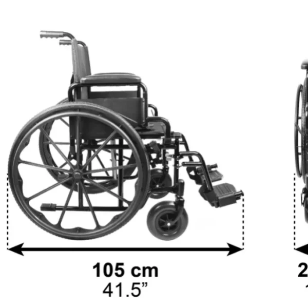Mått på rullstol i profil: 105 cm lång, 92 cm hög