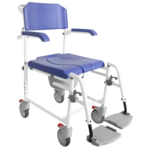 Shower chair with toilet function in angle view with blue seat, folding armrests and footrest