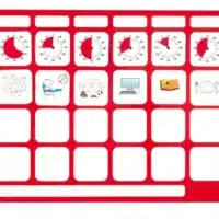 Magnetic Planning Board used on a refrigerator door, with several squares filled with cards and pictograms showing daily routines.