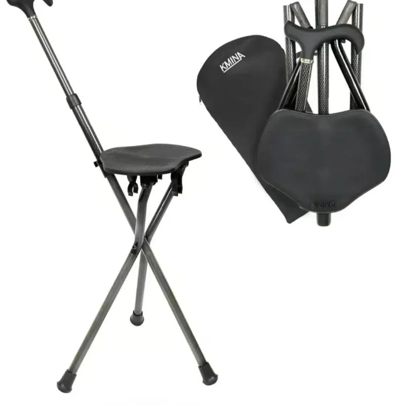 Kolfiberkäpp med sits – hopfällbar och lätt Justerbar käpp med sits i kolfiber, visad utfälld och hopfälld med förvaringspåse