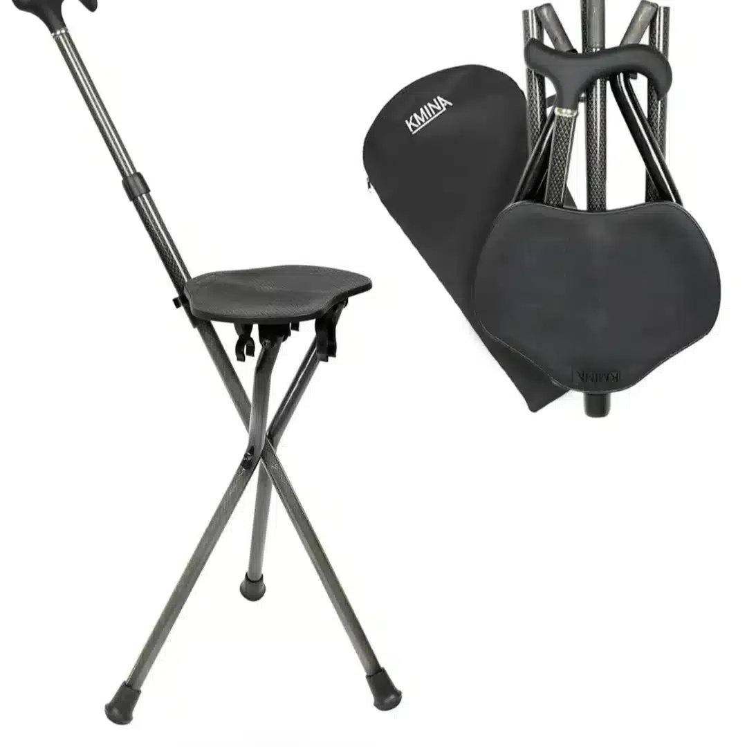 Justerbar käpp med sits i kolfiber, visad utfälld och hopfälld med förvaringspåse