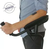Person uses ergonomic crutch with padded forearm support and grip handle.