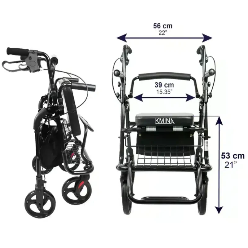 Hopfällbar rullator med kompakta mått Rullator med rullstolsfunktion hopfälld bredvid uppfälld version, med måttangivelse