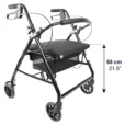 Rullator med fyra hjul lätt i svart aluminium med sits på 55 cm höjd, markerad med måttangivelse.