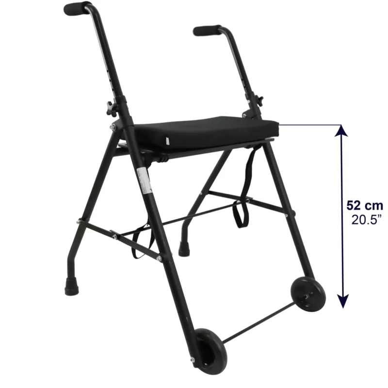 Rullator med sits i 52 cm höjd Rullator med två hjul i svart aluminium med sits på 52 cm höjd, markerad med måttangivelse.