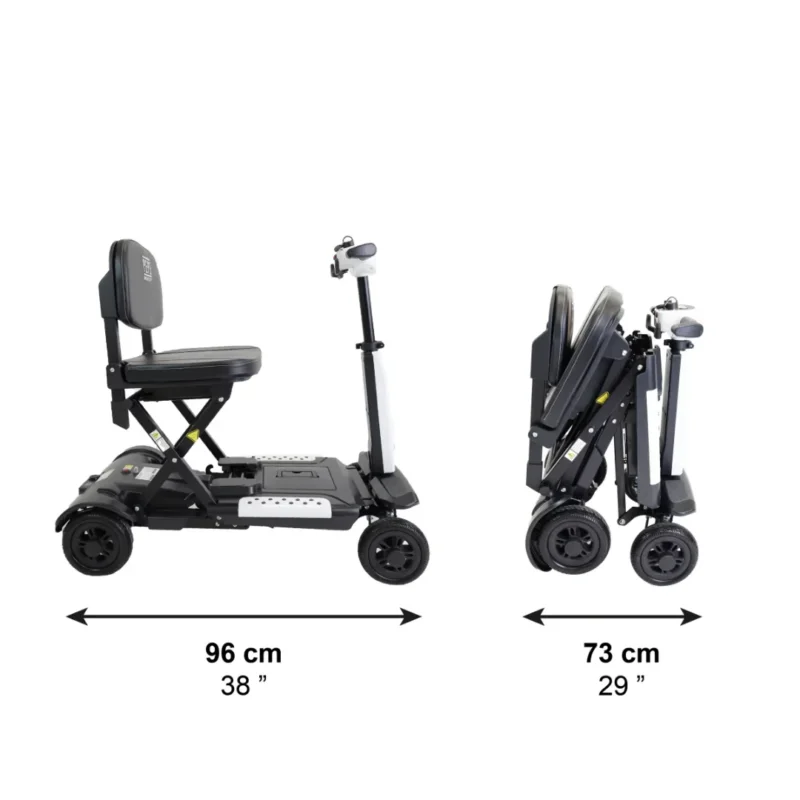 Vikbar elscooter – smart och smidig förvaring Vikbar elscooter för vuxna i sidovy och hopfälld position