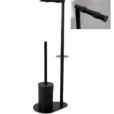 Fristående toalettpappers- och borsthållare i svart matt metall för golvplacering i badrum.