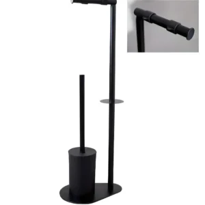 Freestanding toilet paper and brush holder in black matte metal for floor placement in bathrooms.