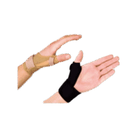 Two hands showing thumb rest with splint in black and beige color, ergonomically designed for support and pain relief.
