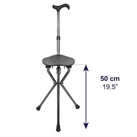 Sitthöjd 50 cm – anpassad för tillfälligt vilostöd Käpp med sits i kolfiber i utfällt läge, markerad sitthöjd 50 cm