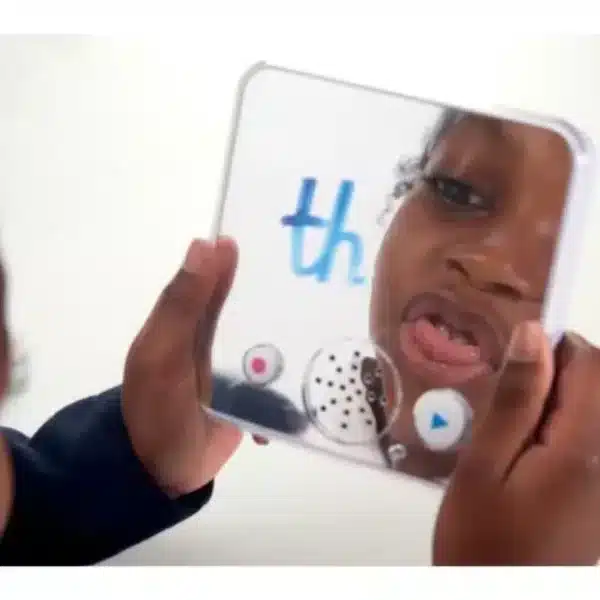a child holding a plastic case with a reflection of a girl