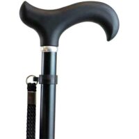 Black ergonomic handle with wrist strap on adjustable aluminum walking stick.