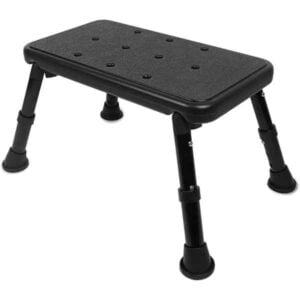 a black step stool with four legs