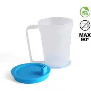 a plastic cup with handle and lid