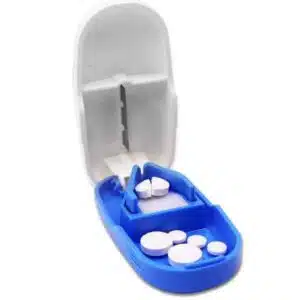 a blue and white pill container