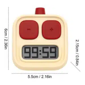 Digital timer med LCD-skärm i robotdesign, visande 99:59 och två röda knappar.