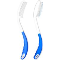 Long handle hairbrush and hair comb with blue ergonomic grip - set for people with limited mobility.