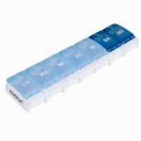 Weekly pill box with one compartment per day, color-coded for each day of the week and clearly labeled.