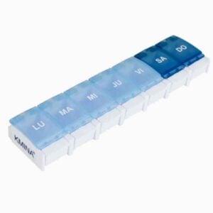 Weekly pill box with one compartment per day, color-coded for each day of the week and clearly labeled.