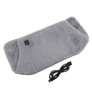 Gray electric heating pad with soft plush cover and included USB cable.