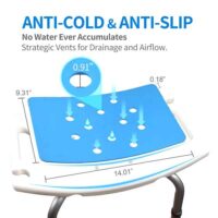 Shower chair cushion with dimensions and features such as anti-slip and cooling.