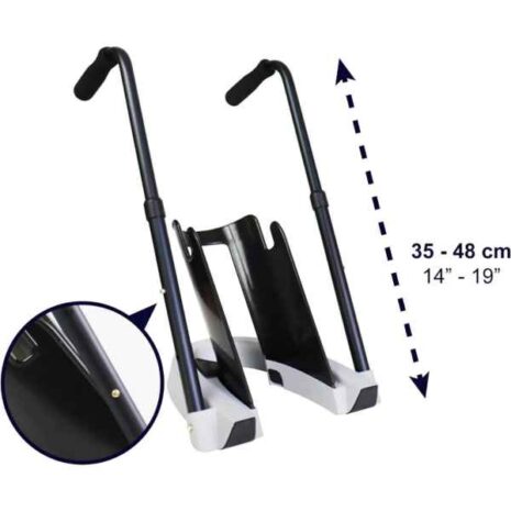 Justerbar höjd Strumppådragare Special i profil med pil som visar justerbar höjd mellan cirka 38–58 cm.