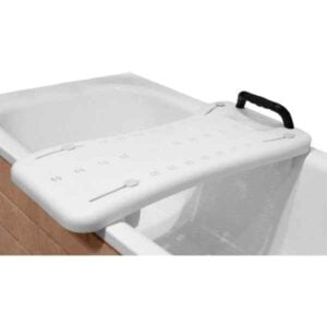 a white bathtub with a seat