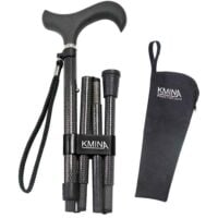 Foldable carbon fiber walking stick with wrist strap and black storage bag.