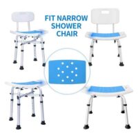 Shower chair cushion – blue seat cushion mounted on narrow shower chairs at multiple angles.