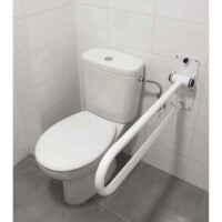 White folding toilet handle mounted on wall next to toilet in bathroom.