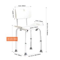 VEVOR shower chair adjustable height – technical illustration with exact dimensions in cm and mm.