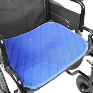 a blue cushion on a wheelchair