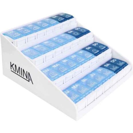 Veckopillerdosett med fyra fack. a white box with blue labels