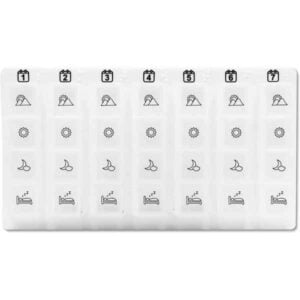 a plastic pill box with icons