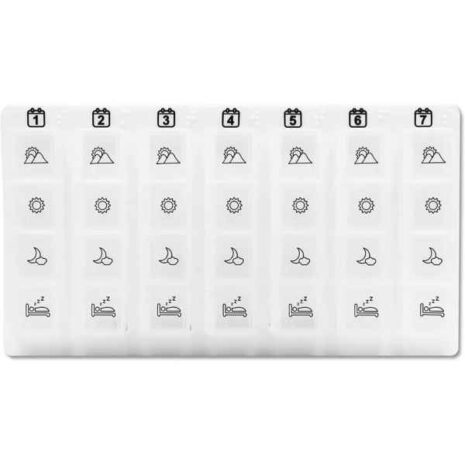 Veckopillerdosett. a plastic pill box with icons