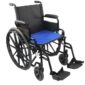 a wheelchair with a blue cushion