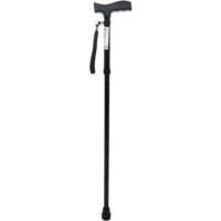 Black aluminum walking stick with ergonomic handle and wrist strap.