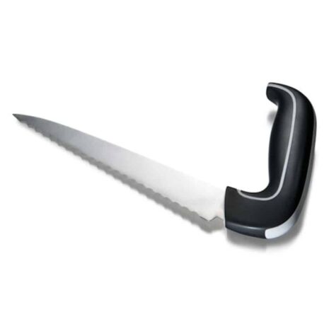 Brödkniv Ergonomisk brödkniv med svart greppvänligt handtag och tandat blad.