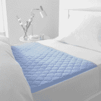 Washable bed incontinence pad – blue, placed on white single bed