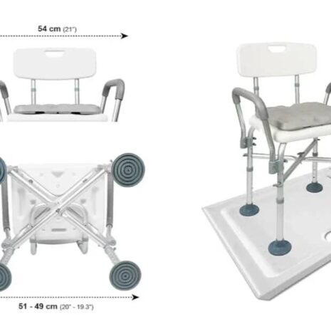 Ergonomisk duschstol för trygg hygien Duschstol med sits och vadderade armstöd sedd snett framifrån