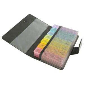 Weekly pill box with colored daily compartments and black protective case