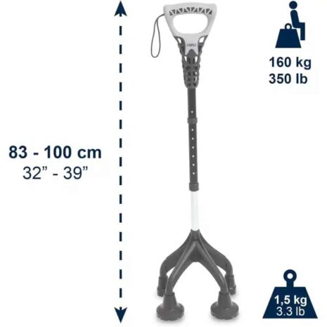 Mått och viktkapacitet för fyrbent krycka Fyrpunktskäpp Fyrbent krycka med justerbar höjd 78–98 cm och maxvikt 160 kg