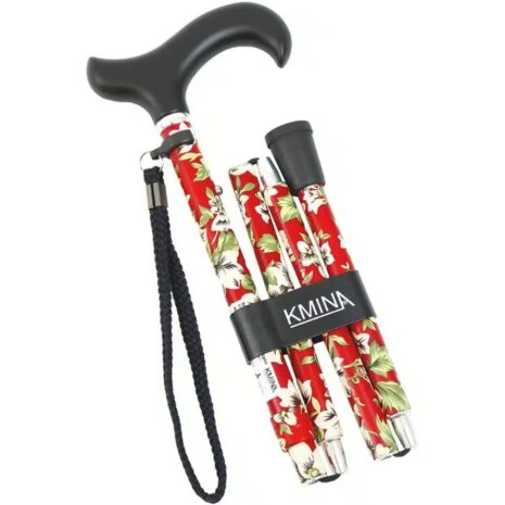Vikbar käpp i rött blommönster med fodral Hopfällbar käpp med blommigt rött mönster, svart handtag och medföljande förvaringsfodral