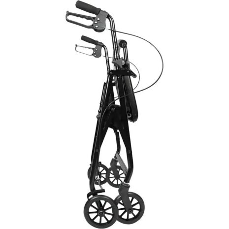 Hopfälld rollator med 4 hjul i sidovy Hopfällbar rullator lättvikt Hopfälld rollator med 4 hjul i svart aluminium sedd från sidan i upprätt förvaringsläge.