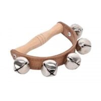 a wooden handbell with silver bells
