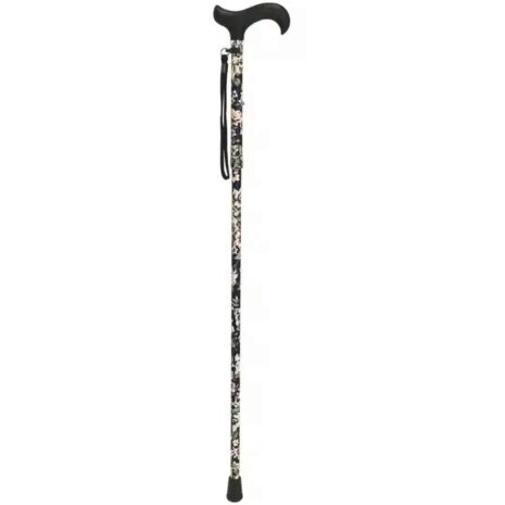 Justerbar käpp blått blommönster Justerbar käpp med blått blommönster. Justerbar promenadkäpp med blommigt svart mönster och ergonomiskt handtag